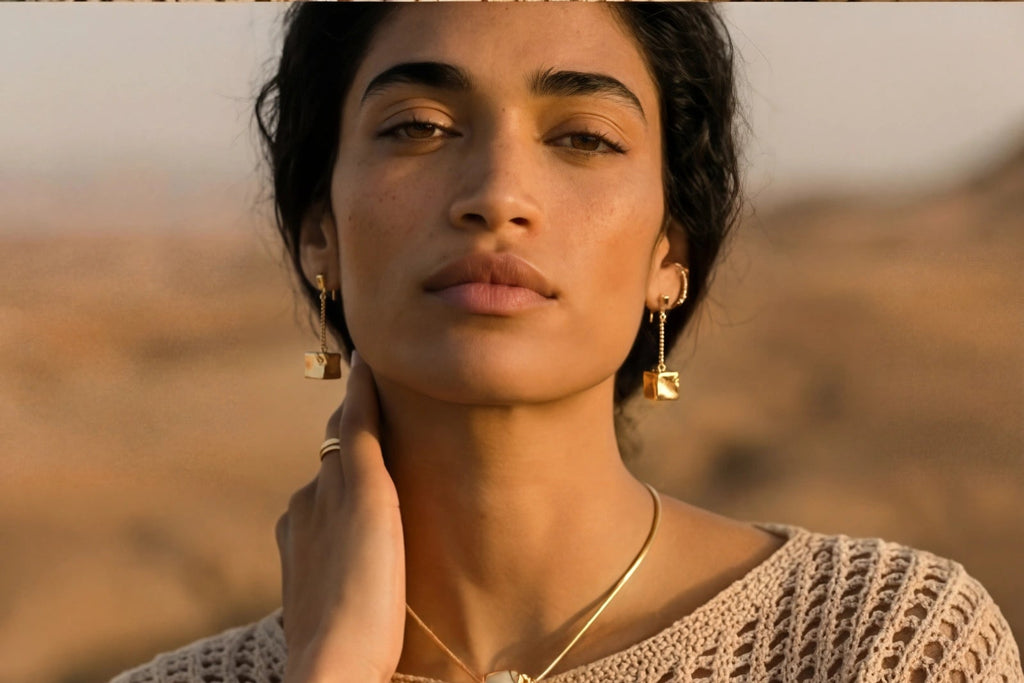 Woman wearing a beige knitted sweater and gold jewelry against a blurred natural background